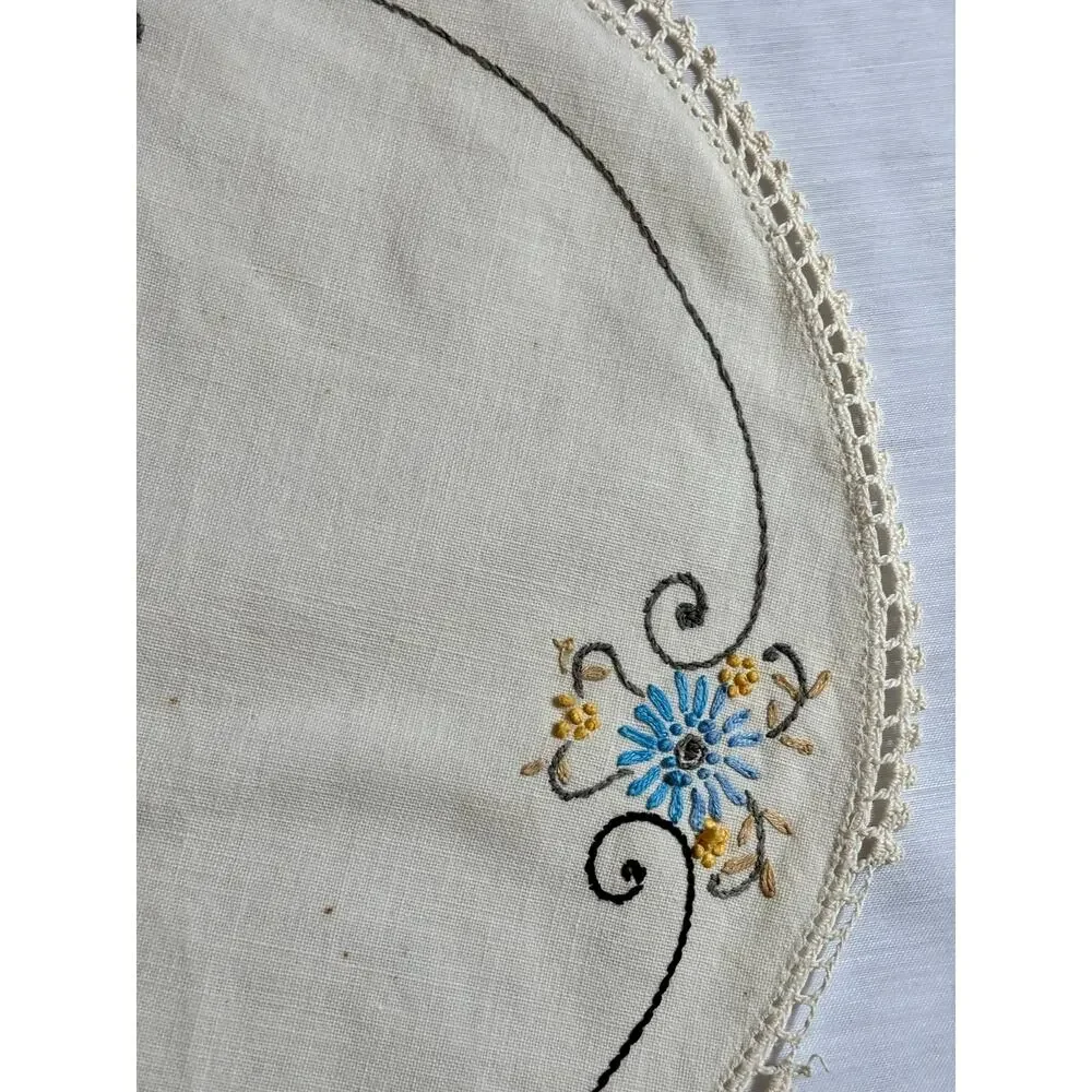 Vintage 3pc Set Embroidered Table Runner Dresser Scarf Blue Gold Floral AS IS